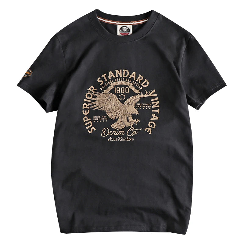 Summer New American Retro Short-sleeved O-neck Eagle Printed