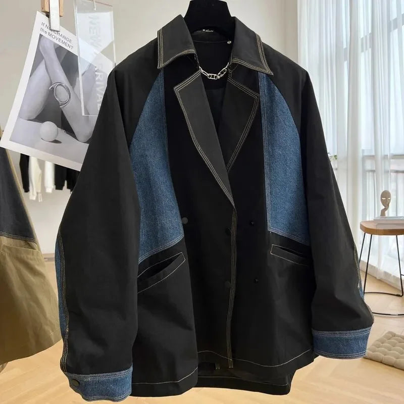 Heavyweight Denim Patchwork Jacket Casual Work Attire Women's