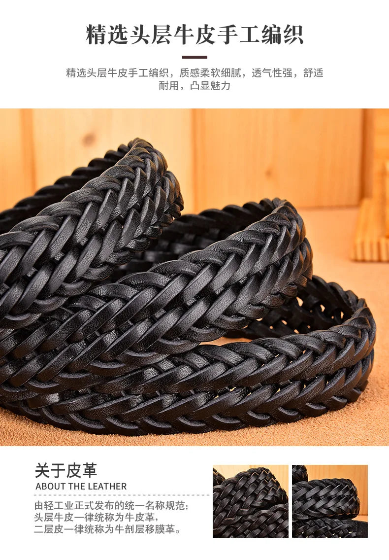 Men Real Cowhide Belt Woven Casual Buckle Layer Hollow Hand