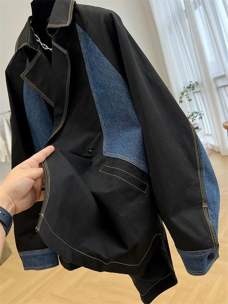 Heavyweight Denim Patchwork Jacket Casual Work Attire Women's