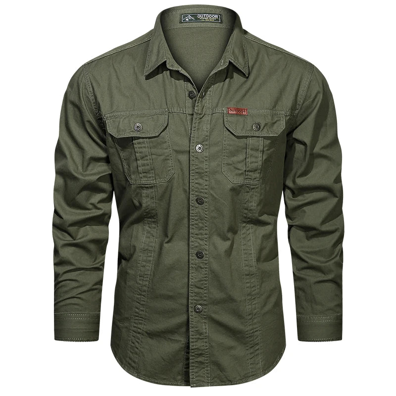 New 100% Cotton Cargo Shirt for Men Long Sleeve 2 Pocket Shirts