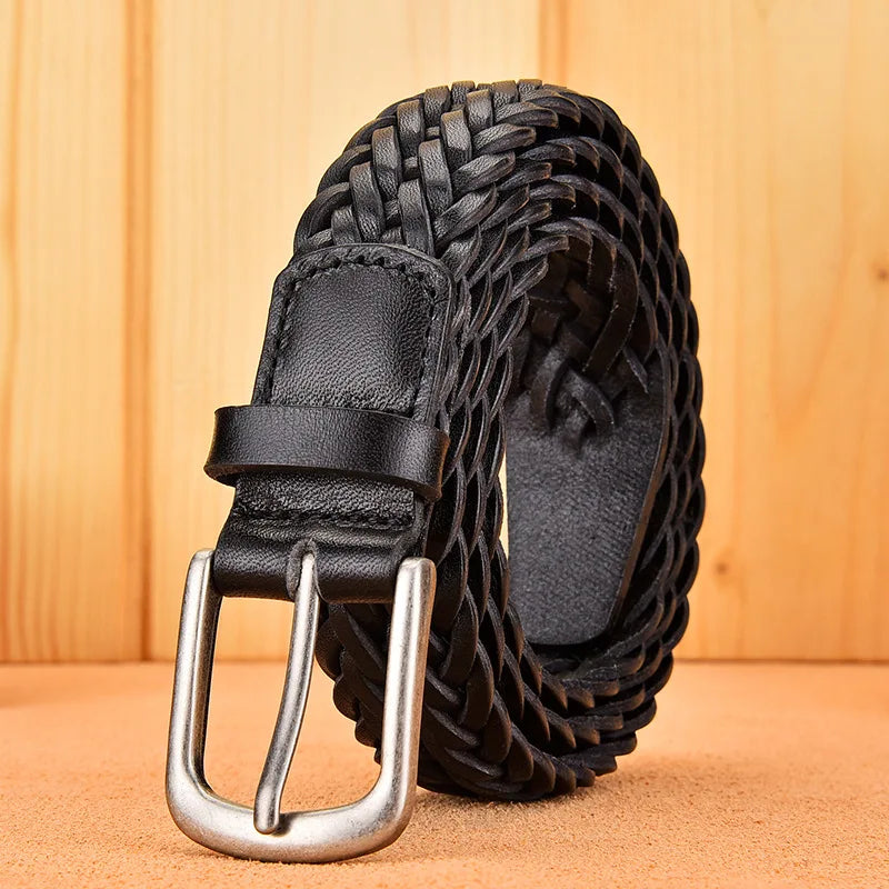 Men Real Cowhide Belt Woven Casual Buckle Layer Hollow Hand