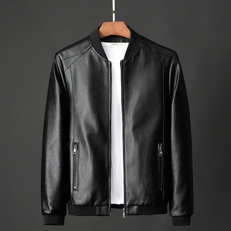 2024 Autumn New Men Black Biker PU Leather Coat Korean Fashion