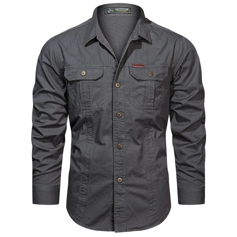 New 100% Cotton Cargo Shirt for Men Long Sleeve 2 Pocket Shirts