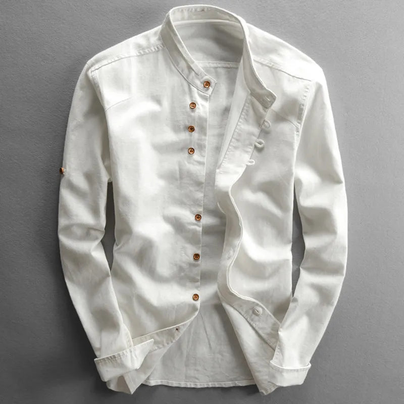 Japan Style Mens Linen Cotton Shirt Harajuku Stand Collar Long