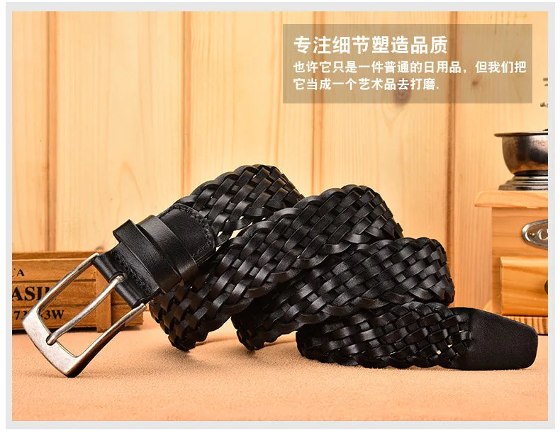 Men Real Cowhide Belt Woven Casual Buckle Layer Hollow Hand