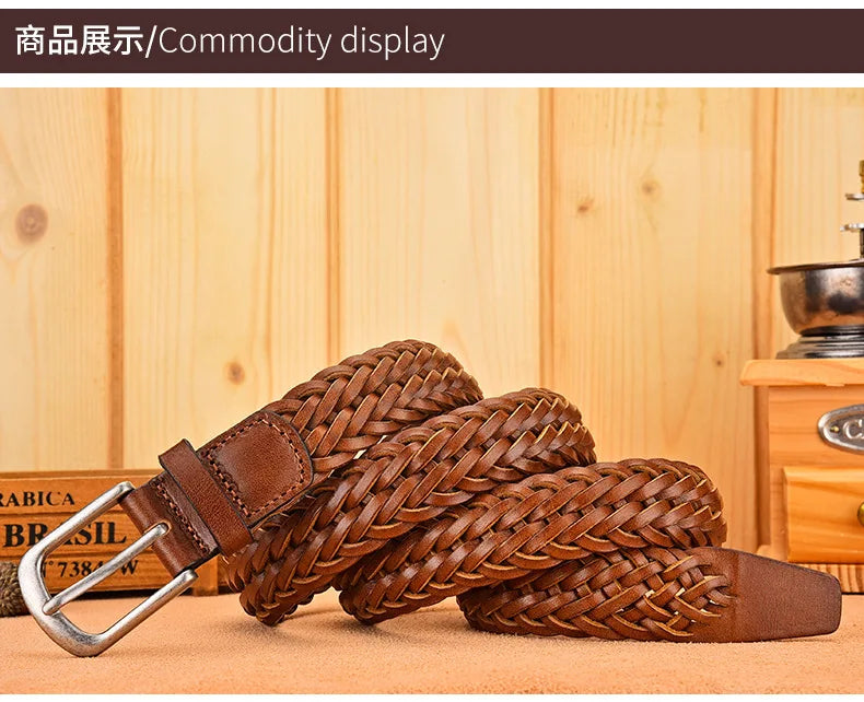 Men Real Cowhide Belt Woven Casual Buckle Layer Hollow Hand