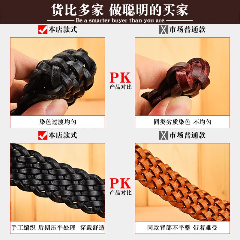 Men Real Cowhide Belt Woven Casual Buckle Layer Hollow Hand