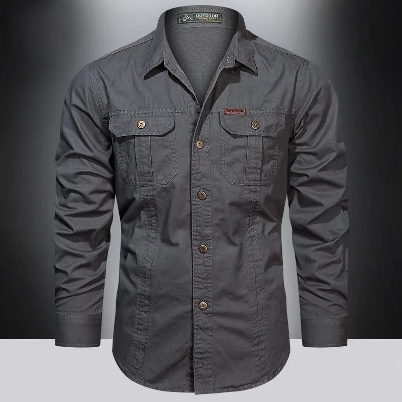 New 100% Cotton Cargo Shirt for Men Long Sleeve 2 Pocket Shirts