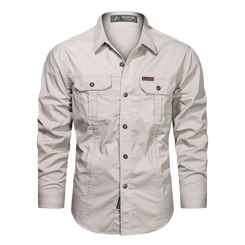 New 100% Cotton Cargo Shirt for Men Long Sleeve 2 Pocket Shirts