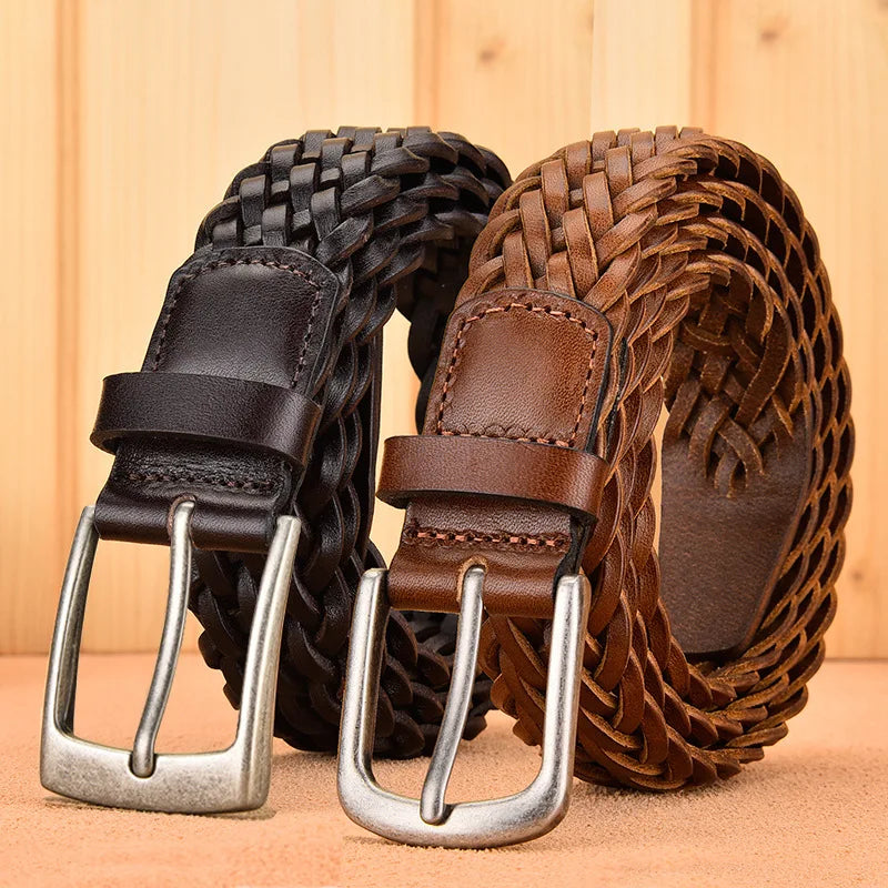 Men Real Cowhide Belt Woven Casual Buckle Layer Hollow Hand