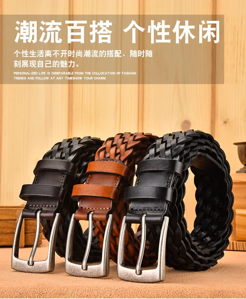 Men Real Cowhide Belt Woven Casual Buckle Layer Hollow Hand