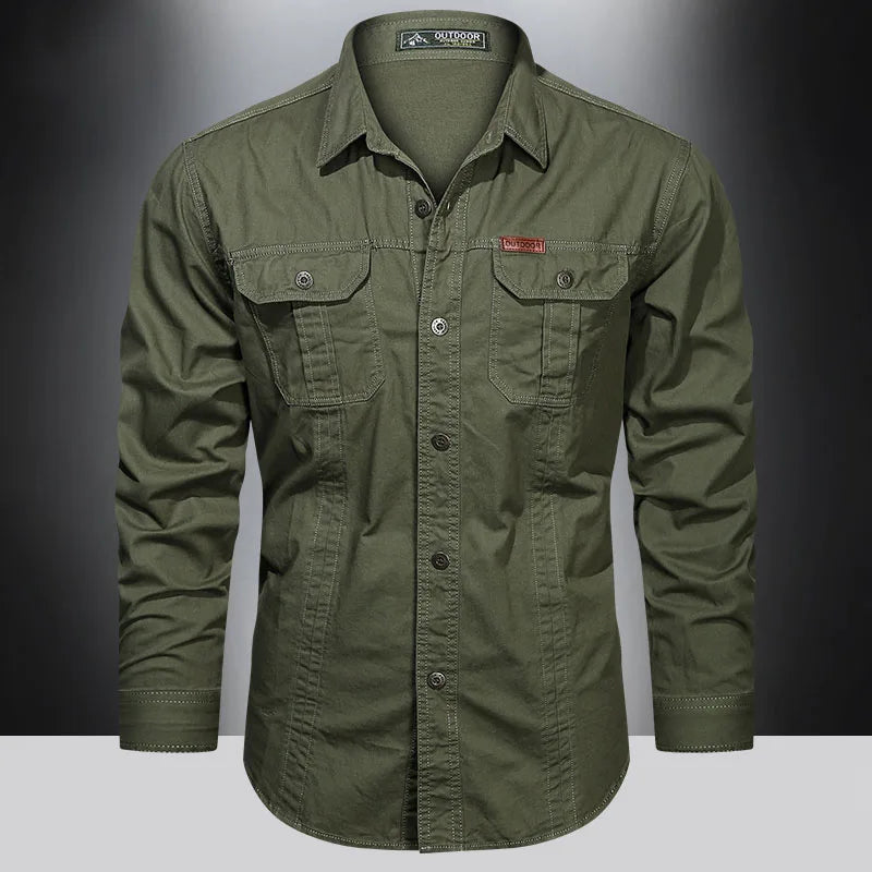 New 100% Cotton Cargo Shirt for Men Long Sleeve 2 Pocket Shirts