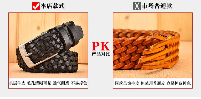 Men Real Cowhide Belt Woven Casual Buckle Layer Hollow Hand