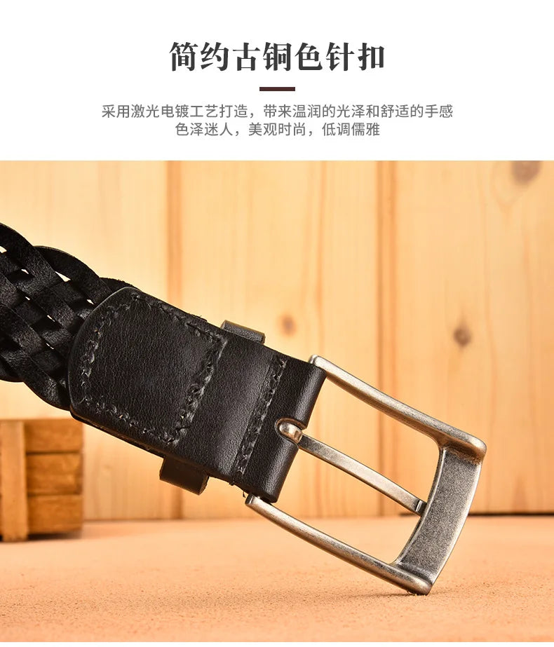 Men Real Cowhide Belt Woven Casual Buckle Layer Hollow Hand