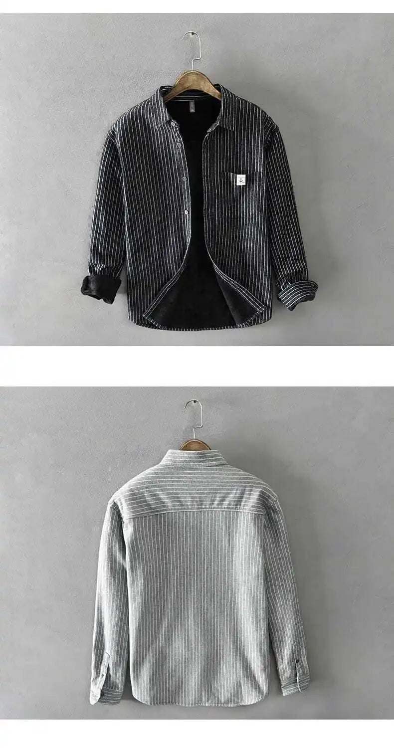 Autumn Winter Men Casual Vertical Stripes Plus Velvet Shirt