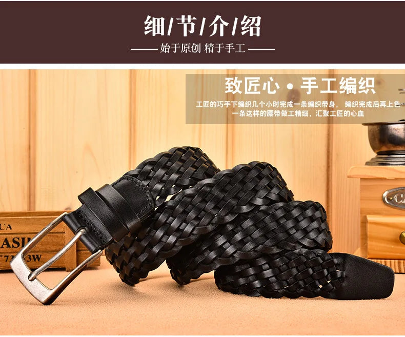 Men Real Cowhide Belt Woven Casual Buckle Layer Hollow Hand