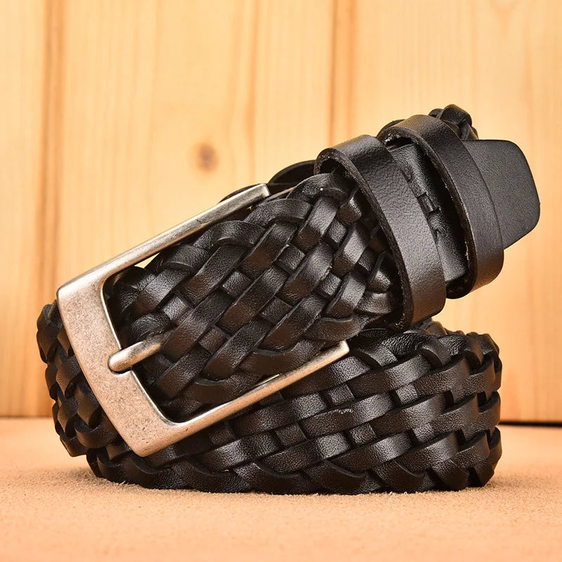 Men Real Cowhide Belt Woven Casual Buckle Layer Hollow Hand