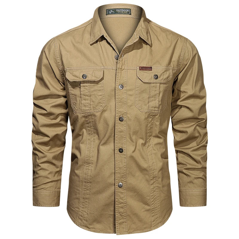 New 100% Cotton Cargo Shirt for Men Long Sleeve 2 Pocket Shirts