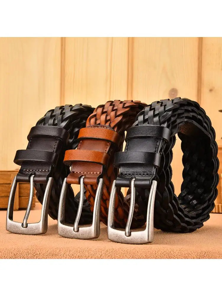 Men Real Cowhide Belt Woven Casual Buckle Layer Hollow Hand