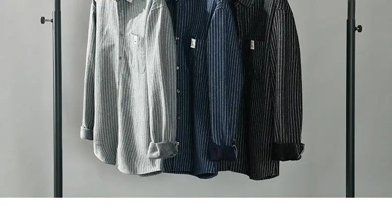 Autumn Winter Men Casual Vertical Stripes Plus Velvet Shirt