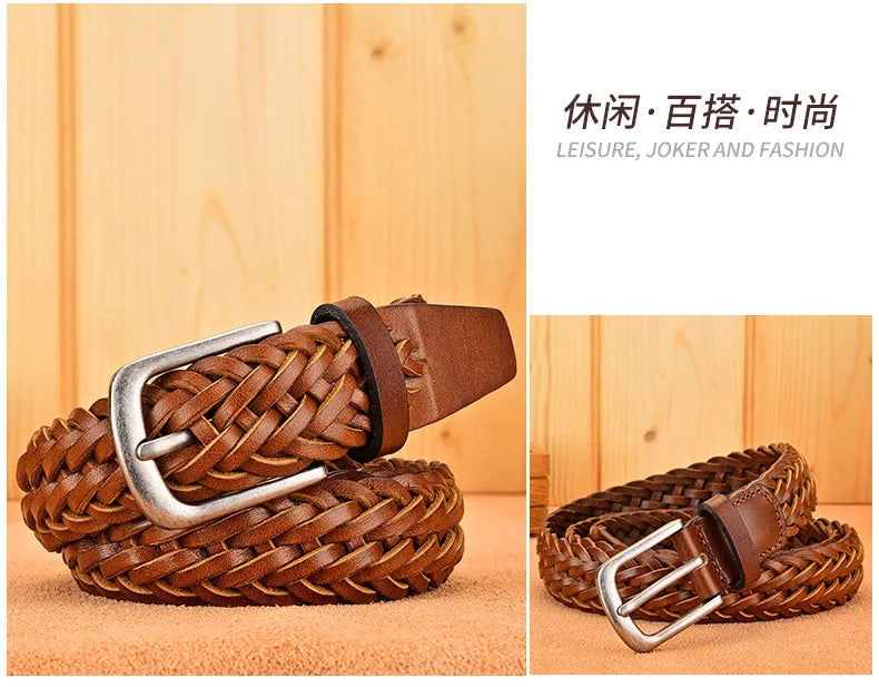 Men Real Cowhide Belt Woven Casual Buckle Layer Hollow Hand