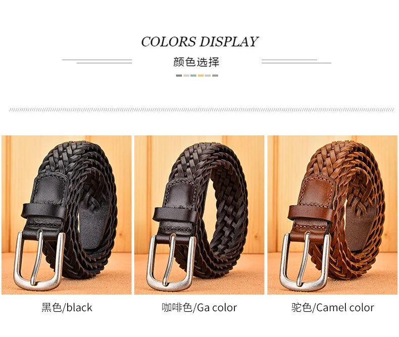 Men Real Cowhide Belt Woven Casual Buckle Layer Hollow Hand