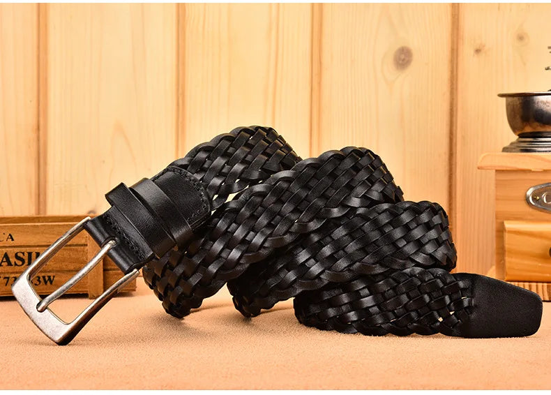 Men Real Cowhide Belt Woven Casual Buckle Layer Hollow Hand